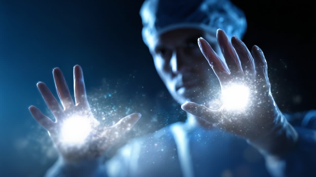 Surgeon Creating Magical Energy with Hands: A Representation of Healing and Innovation in Medicine, Blending Science and Art through a Futuristic Lens