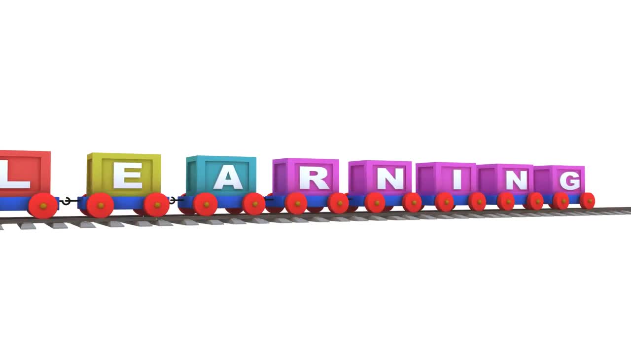 Animazione di un treno 3D che trasporta lettere didattiche.