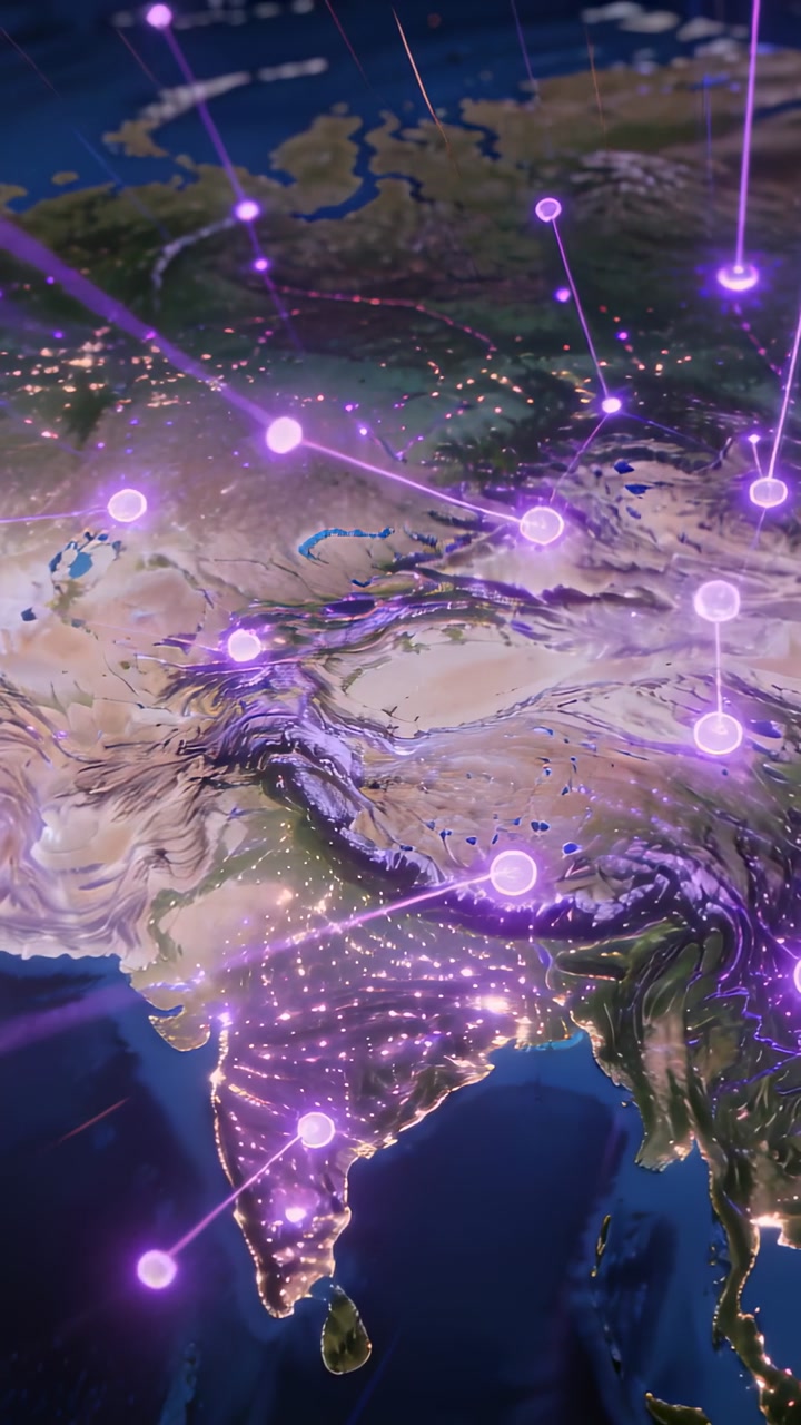 Vertical video: Activating purple nodes sending beams across South Asia map, linking city lights