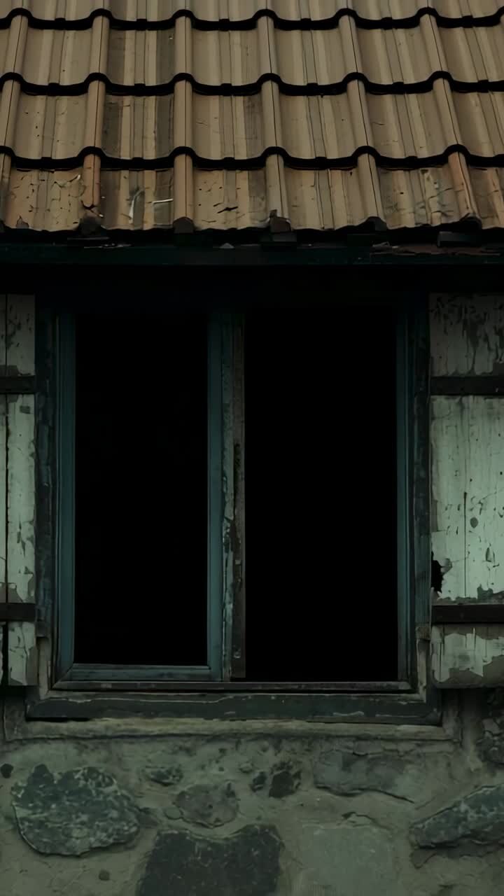 Vertical video: Showing window revealing two dark holes under terracotta roof on wall beside ladder