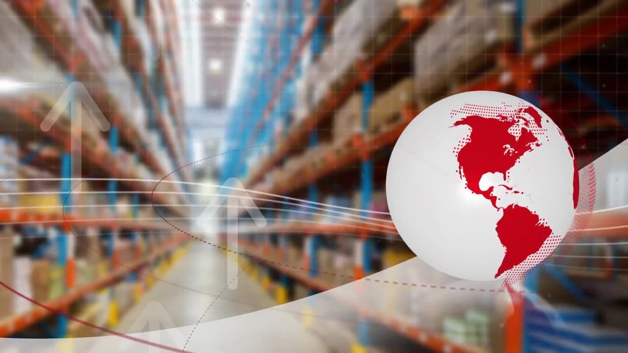 창고 위의 지구와 화살표의 애니메이션.