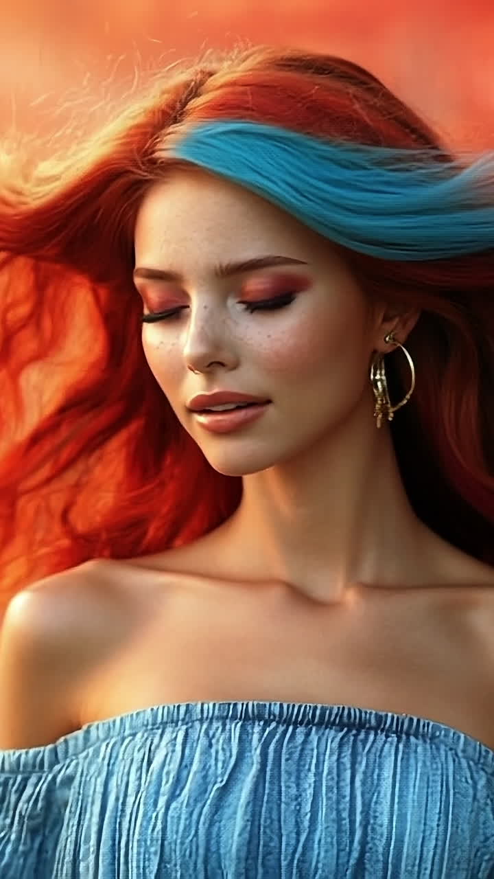 Vibrant-haired woman portrait. A woman stands gracefully with flowing hair, showcasing bold colors. The background features soft, blurred autumn hues.