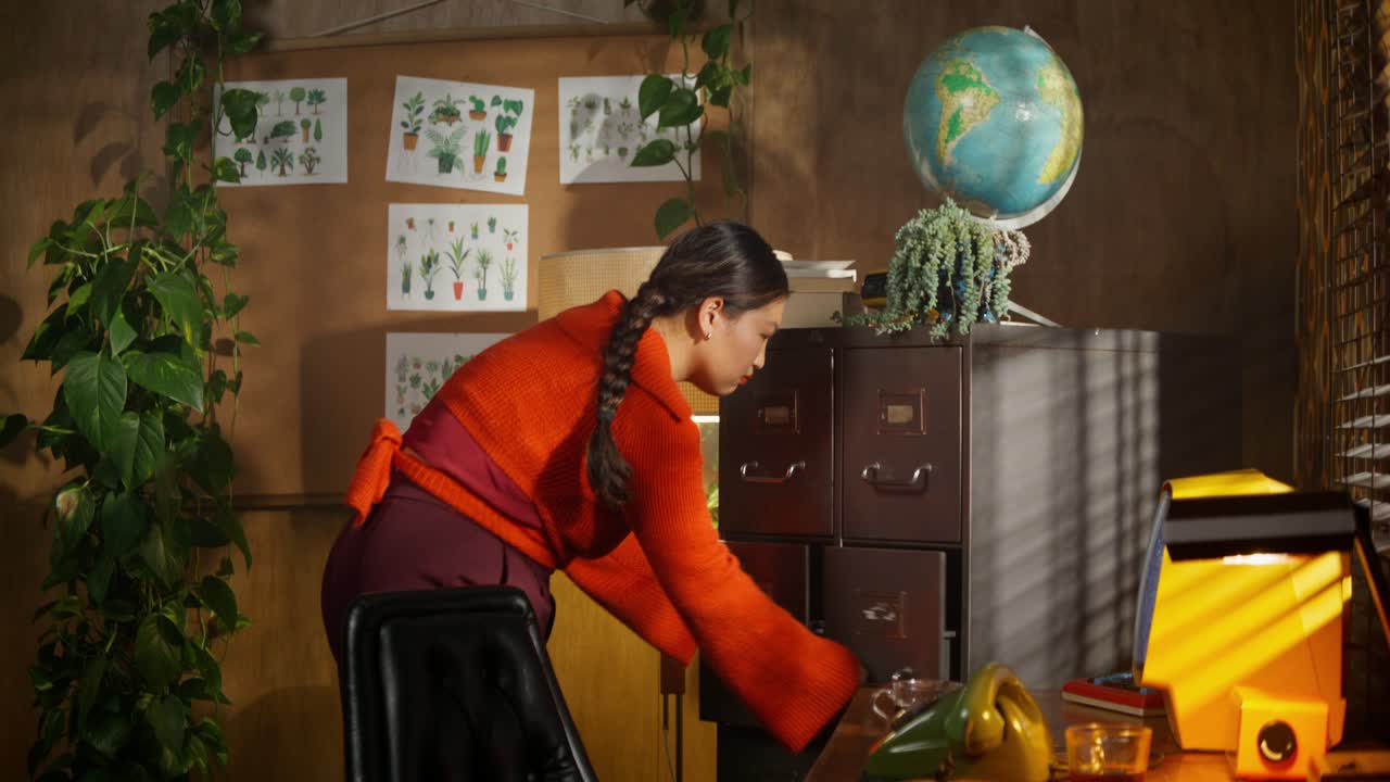 식물 이 있는 쾌적 한 집 사무실 에서 일 하는 여자