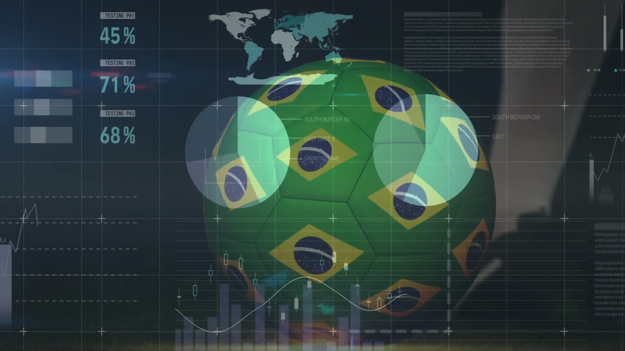 Brazilian flag soccer ball with animation of data charts and world map overlay
