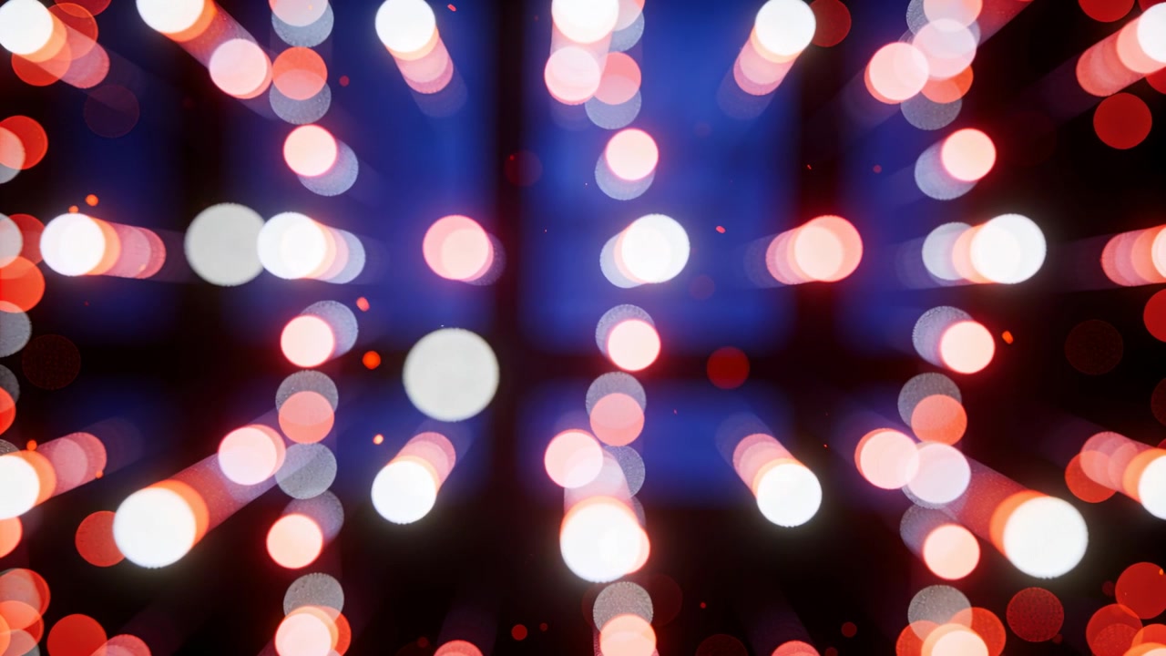 Starting bokeh light columns pulsing forward in studio blue grid and orange sparks creating pulse