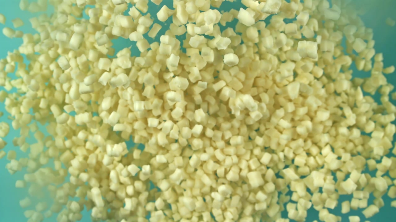 Cubetti di formaggio a dadini che cadono al rallentatore su sfondo blu