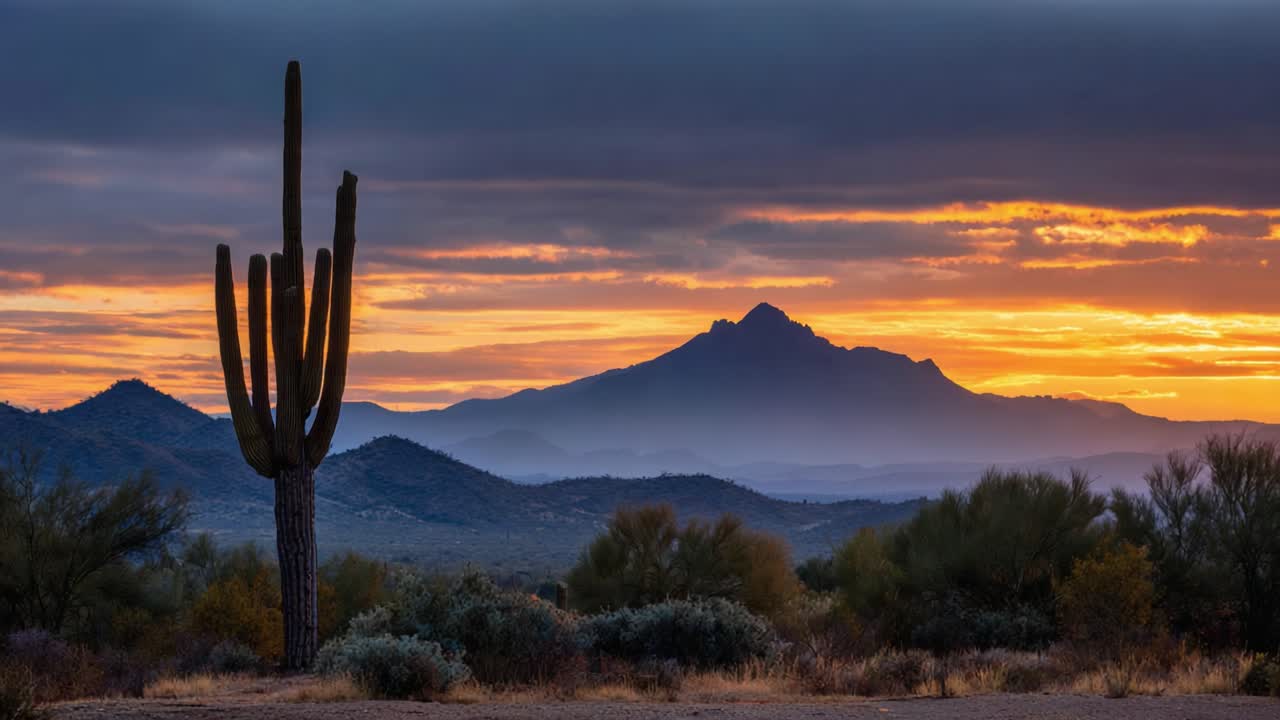 Stunning Desert Landscape at Sunset Featuring a Majestic Cactus Silhouette Against a Backdrop of Mountains and a Dramatic Sky in Vibrant Colors