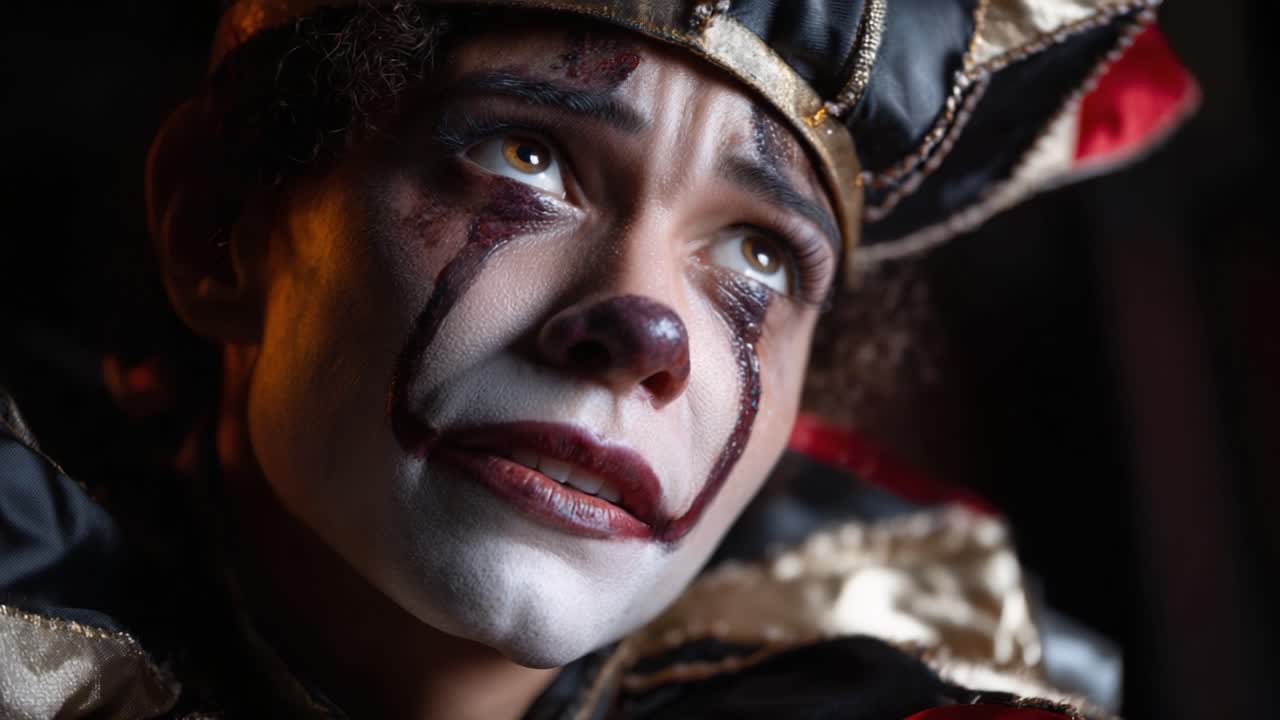 A poignant portrayal of a sad clown wearing a dramatic costume, capturing the deep emotion and intricate details of the character in a striking performance
