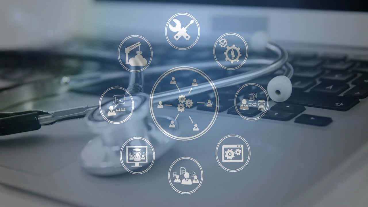 animación de iconos de medios en el portátil y el estetoscopio