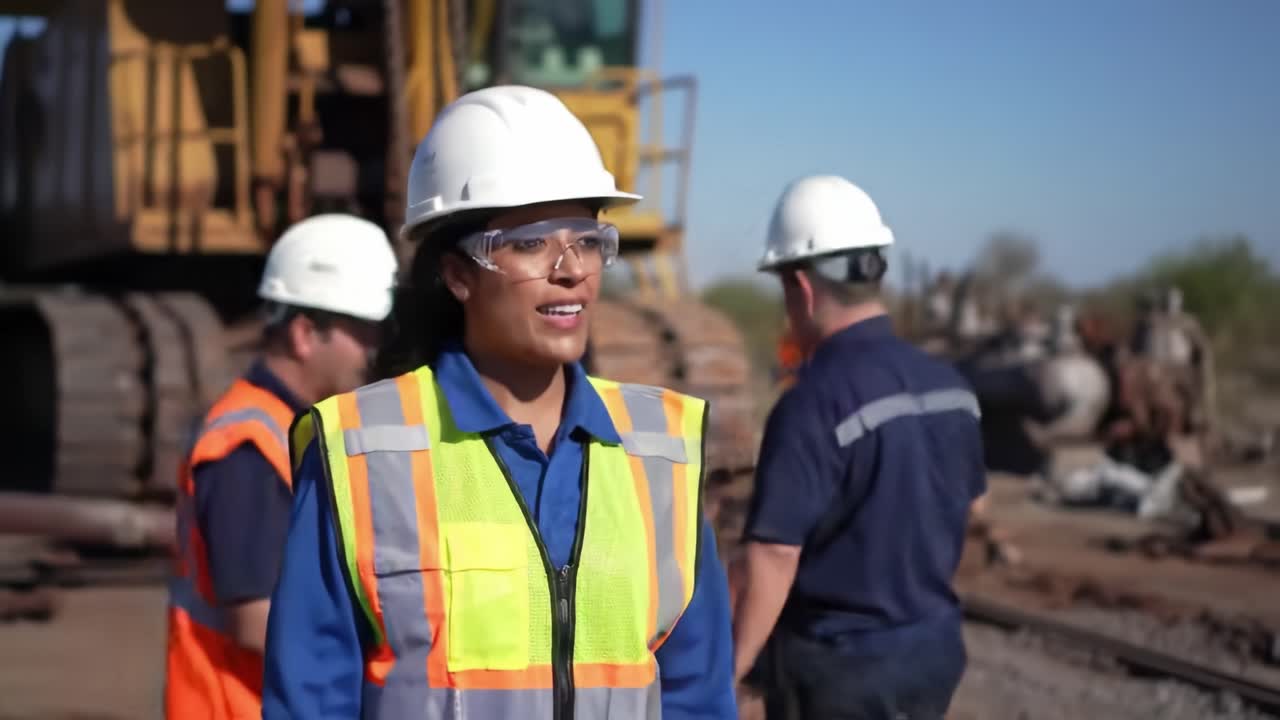 A Team of Workers Collaborates on a Construction Site, Highlighting Safety Gear and Teamwork in Heavy Machinery Operations