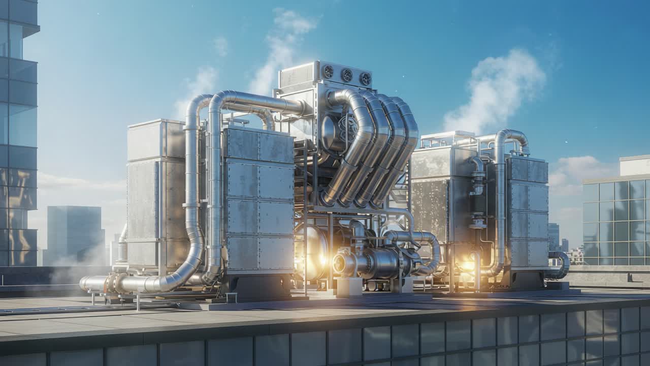 Industrial Rooftop Machinery Showcasing Advanced Engineering with Massive Pipe Systems and Radiators, Emitting Vapors in a Bright Urban Skyline