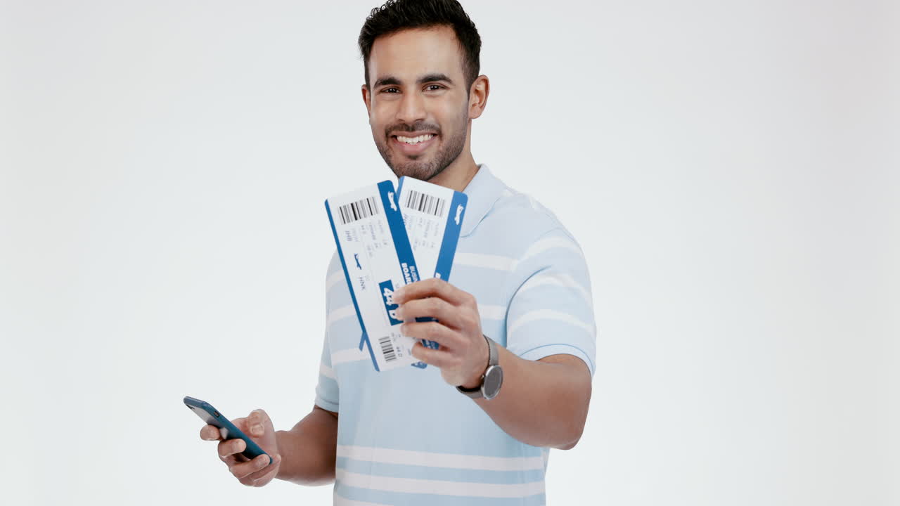 Happy man, phone and flight tickets in travel