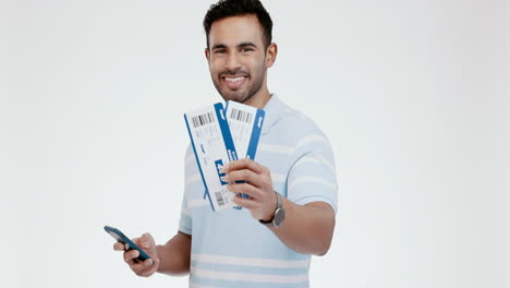 happy man, phone and flight tickets in travel