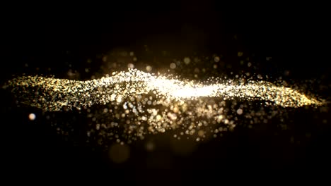 hermosas partículas doradas que fluyen lentamente sobre un fondo negro sin costuras. animación en 3d en bucle de oro abstracto polvo brillante ondeando con borrón bokeh.