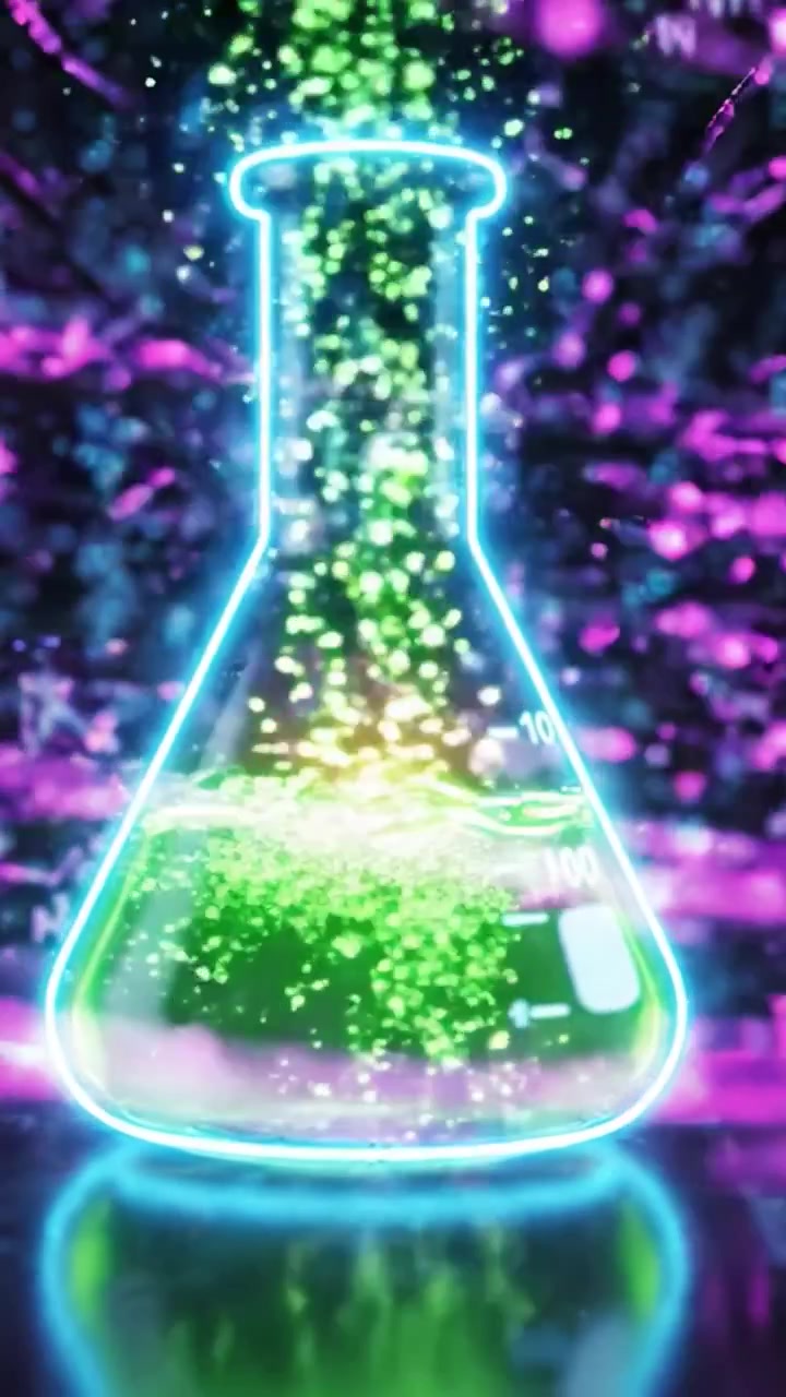 Reazioni Chimiche Vivaci: Una Rappresentazione Visiva Verde Acqua e Magenta di Fluidi in una Beuta da Laboratorio, Che Cattura l'Essenza dell'Esplorazione e della Scoperta Scientifica
