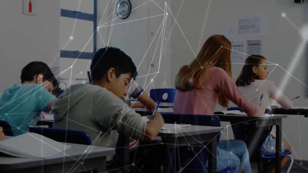 Classmates writing at desks in education, showing digital network overlay connecting nodes