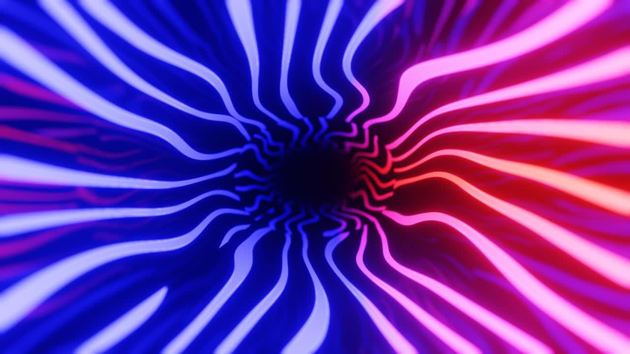 Vj loop. Fly through mirror tunnel with neon pattern, glow lines form sci fi pattern. Bright reflection neon light. Simple bright background, sci fi structure. 4k seamless looped animation.