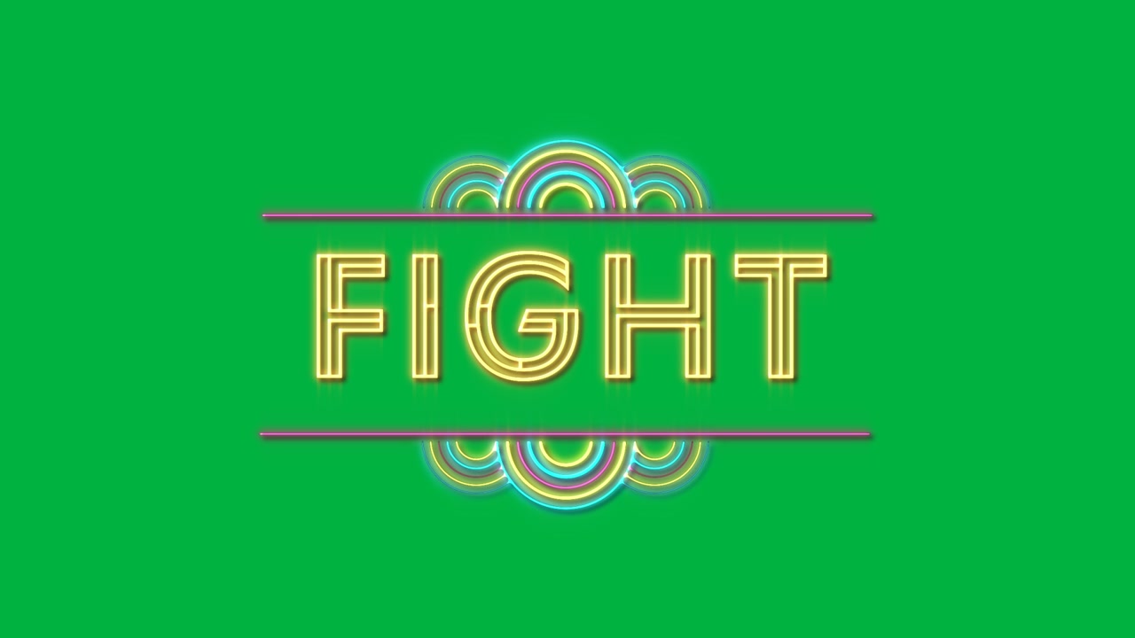 Animation of flickering word fight in yellow neon letters with rainbow on white background