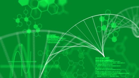 DNA-structure-forming-against-medical-data-processing-on-green-background