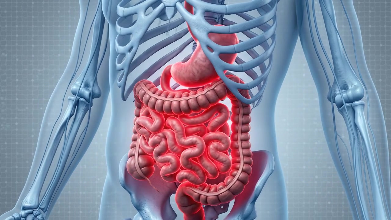 3D Medical Scanner Screen Showing Human Skeleton and Internal Digestive System Organs