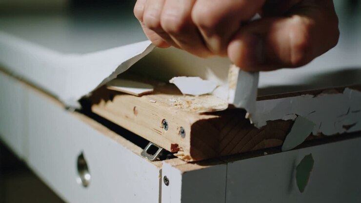 Gripping edge, hand pulling, peeling paint off drawer front at home, showing screws and metal slide