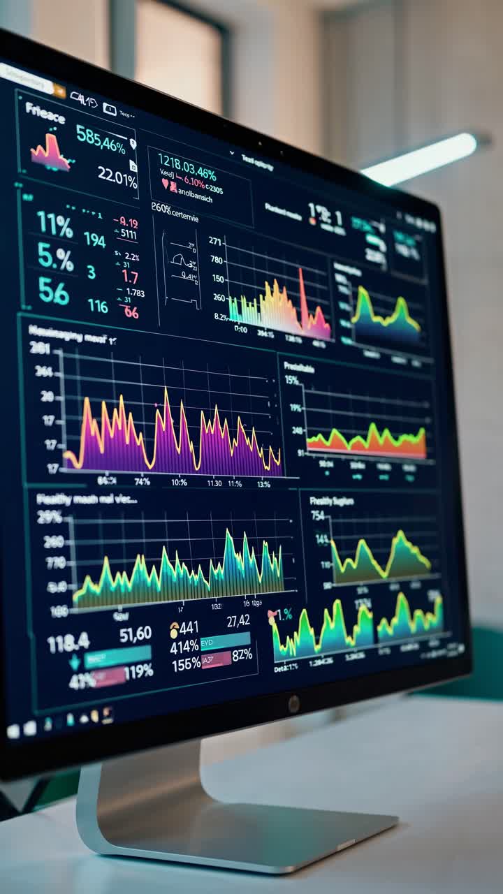 Close-up angled shot of a computer monitor displaying colorful financial graphs, ideal for a video