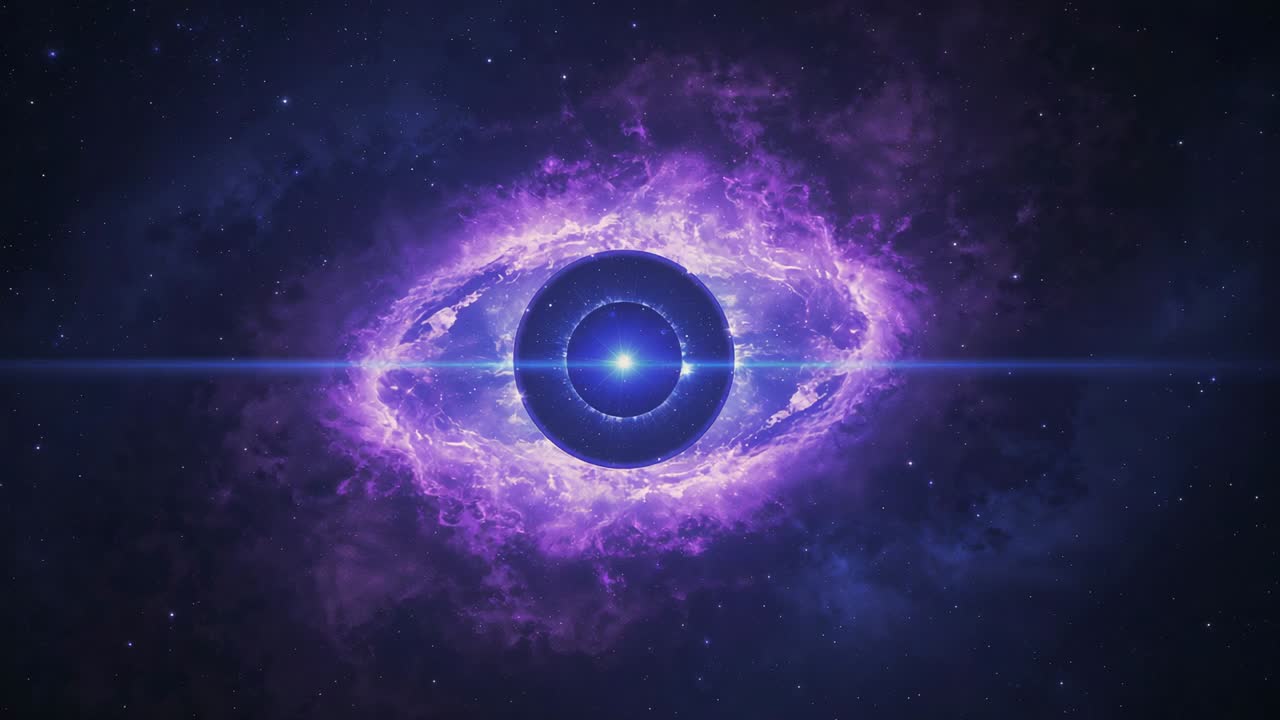 Esplosione iniziale di energia, nucleo incandescente, anello pulsante viola di nebulosa che cresce nello spazio con bagliore sulla linea mediana