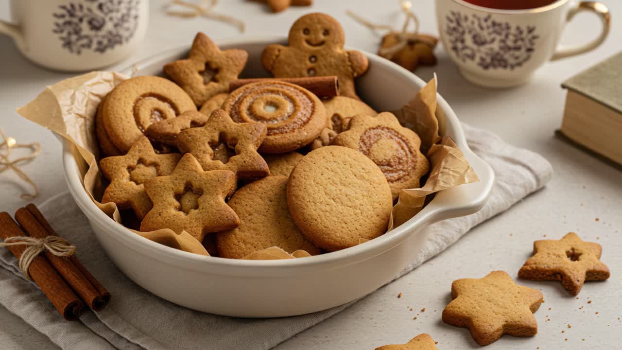 A bowl of assorted homemade Christmas cookies with cinnamon sticks and tea cups