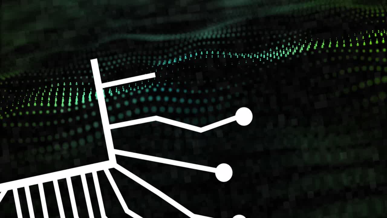 animación del procesamiento de datos sobre malla verde y fondo oscuro