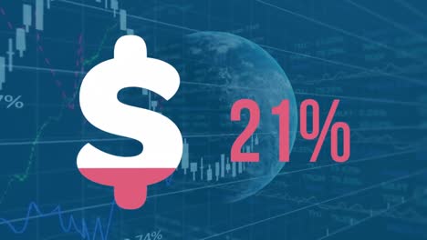 animación del símbolo del dólar con porcentajes que crecen en todo el mundo y procesamiento de datos.