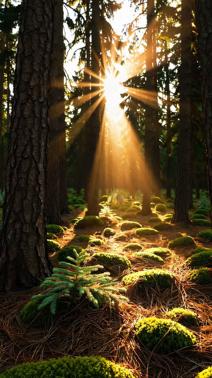 Golden Sunbeams Piercing Through a Lush Mossy Forest