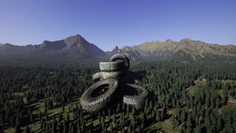mountain landscape with stacked tires in lush green forest at daytime