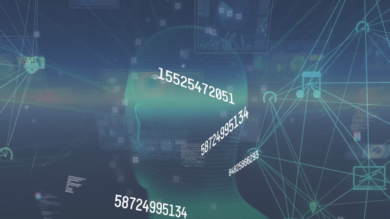 Animation of network of digital icons and changing numbers over spinning human head model