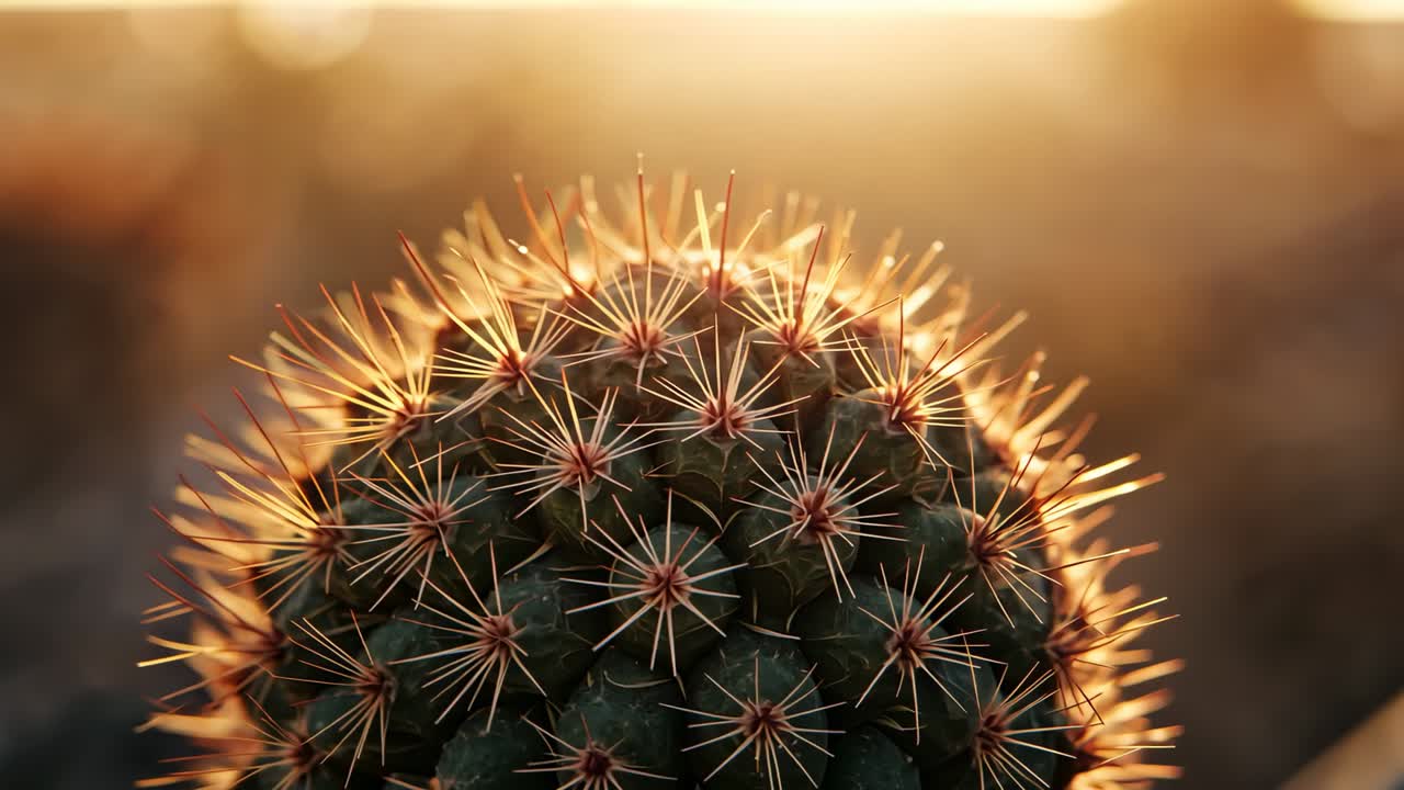 Sun rim-lighting round barrel cactus while camera shifting focus in desert dusk, revealing specks