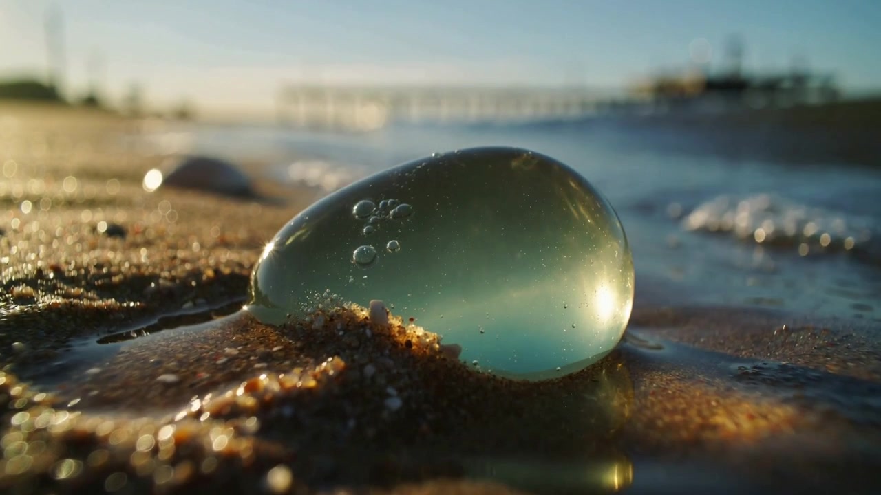 Lapping water from low tide nudging blue green glass bead on wet sand, sunlight revealing bubbles
