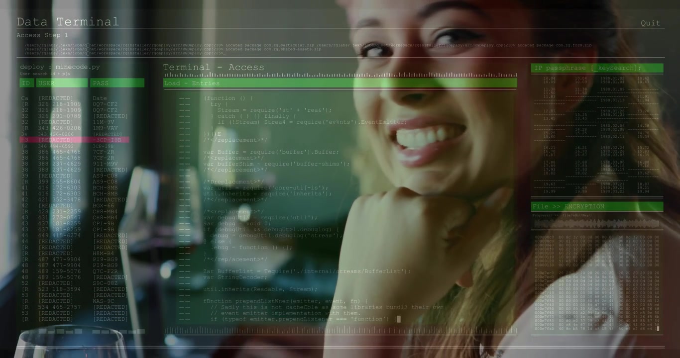 Animazione di elaborazione dati su un ritratto di donna caucasica con un bicchiere di vino che sorride al bar.