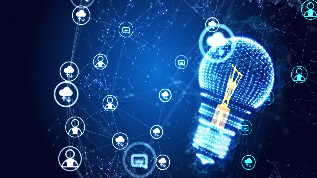 파란색 배경에 연결 네트워크와 함께 회전하는 전구의 애니메이션