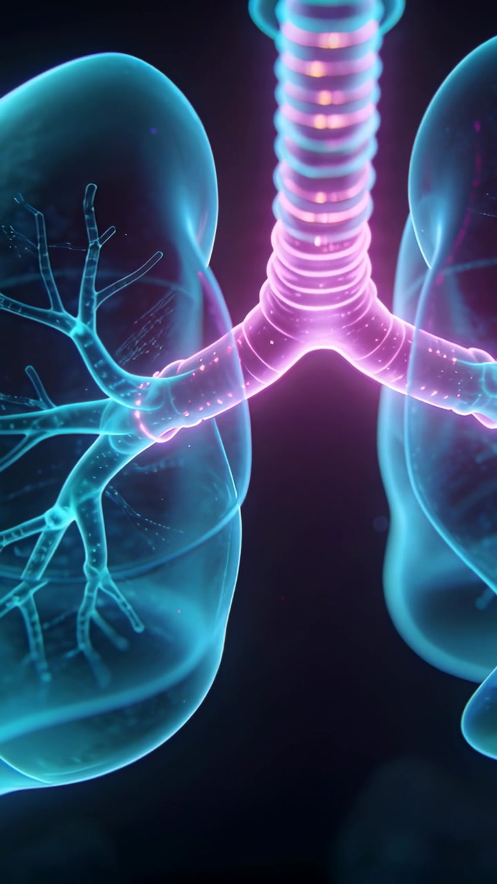Vertical video: Pulsing light moving down trachea into bronchi, glowing nodes demonstrating airflow