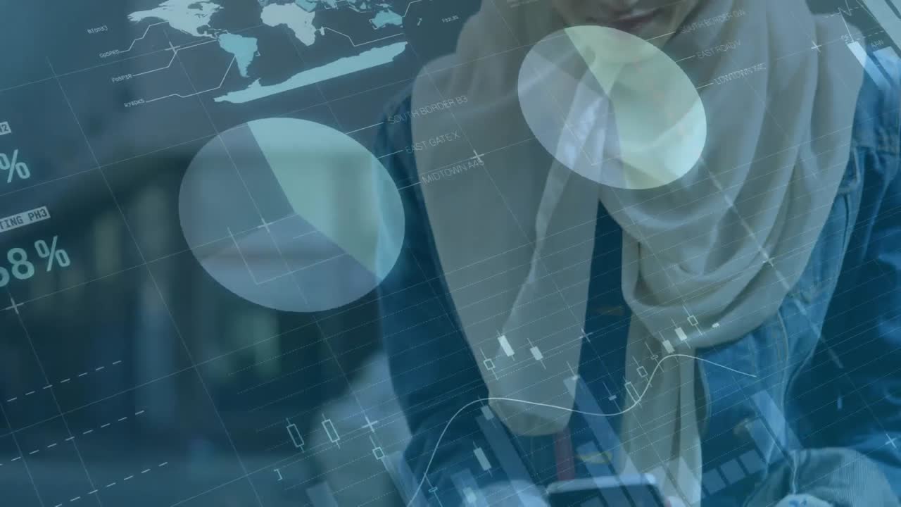 스마트 폰을 사용하여 히자브를 입은 여성에 대한 통계 및 데이터 처리 애니메이션