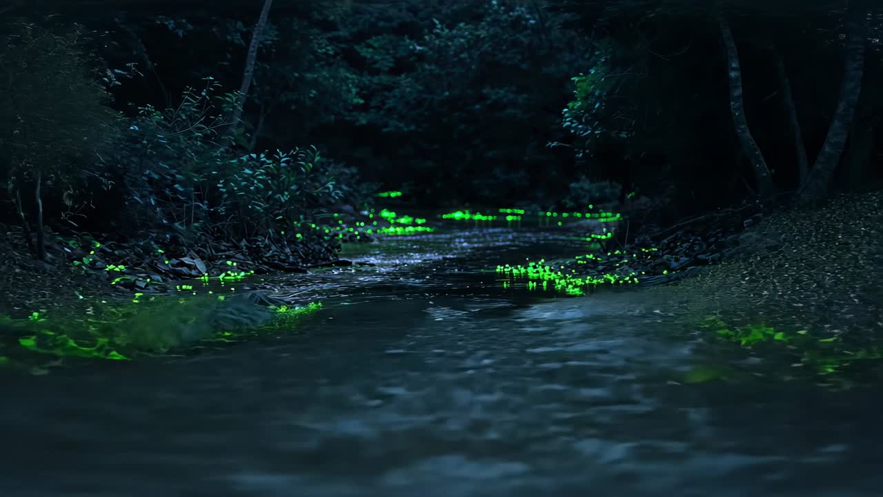 Pushing camera moving forward from shrub tunnel, revealing paved trail toward pond with green glows