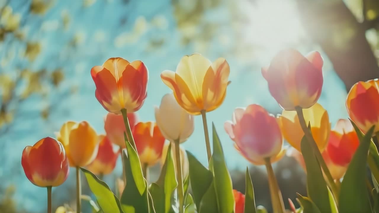 Video im niedrigen Winkel von leuchtenden Tulpen vor einem sonnigen Himmel, das eine heitere Frühlingsatmosphäre einfängt