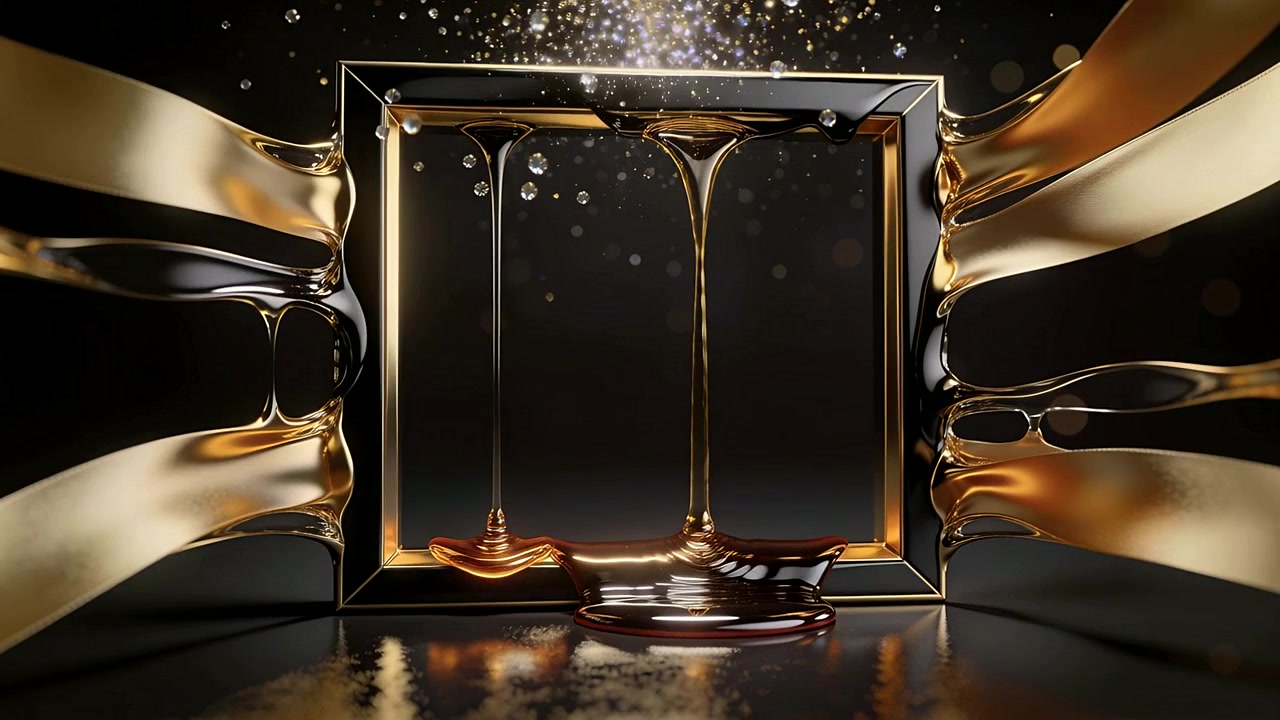 Fallender Glitzer, quadratischer Metallrahmen bildet Goldtropfen und sammelt sich im Studio, erzeugt Leuchten
