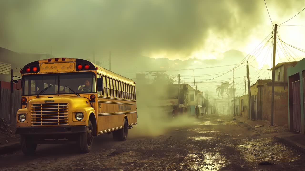 A yellow school bus driving down a dusty road in a poor neighborhood