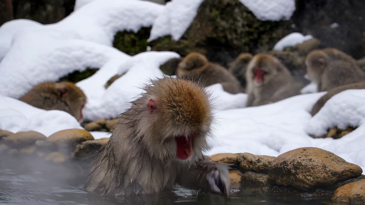 눈 원이들이 온천에서 휴식을 취하고 있습니다.