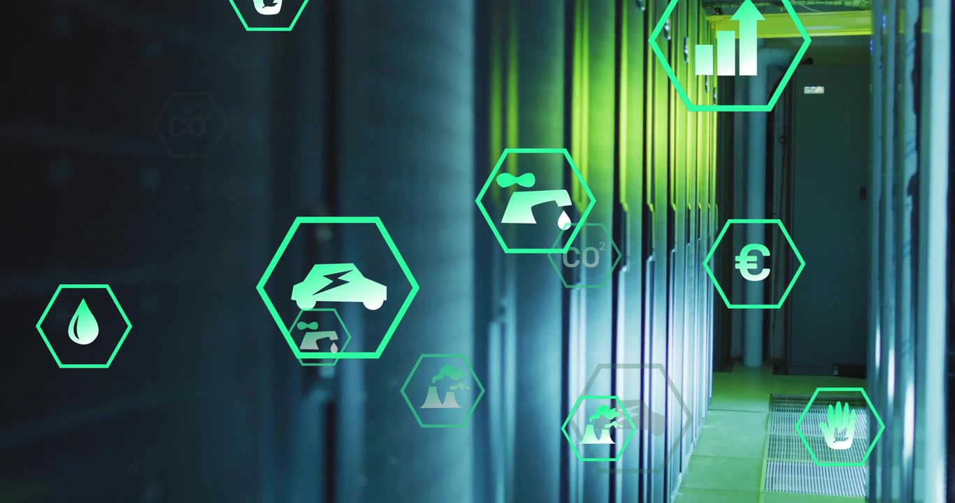 Animation of eco icons and digital data processing over computer servers