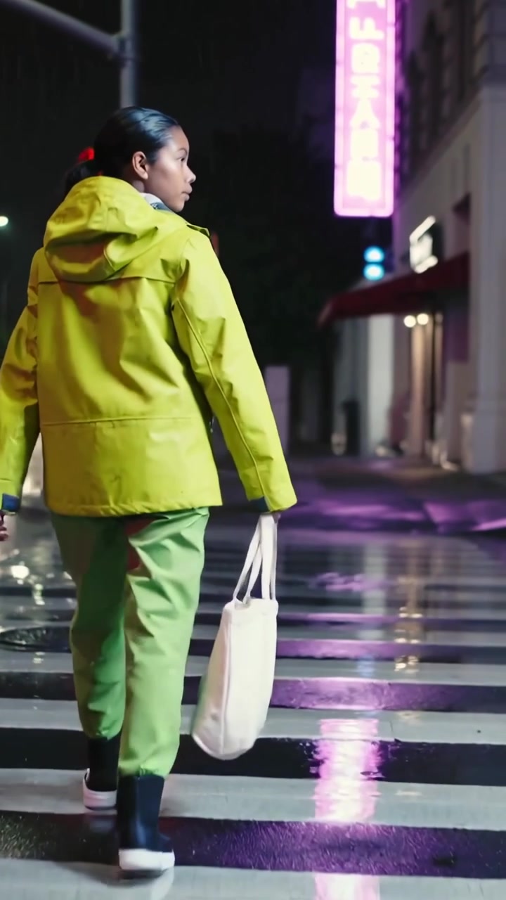 Vertical video: Walking woman in yellow jacket crossing wet crosswalk during red light