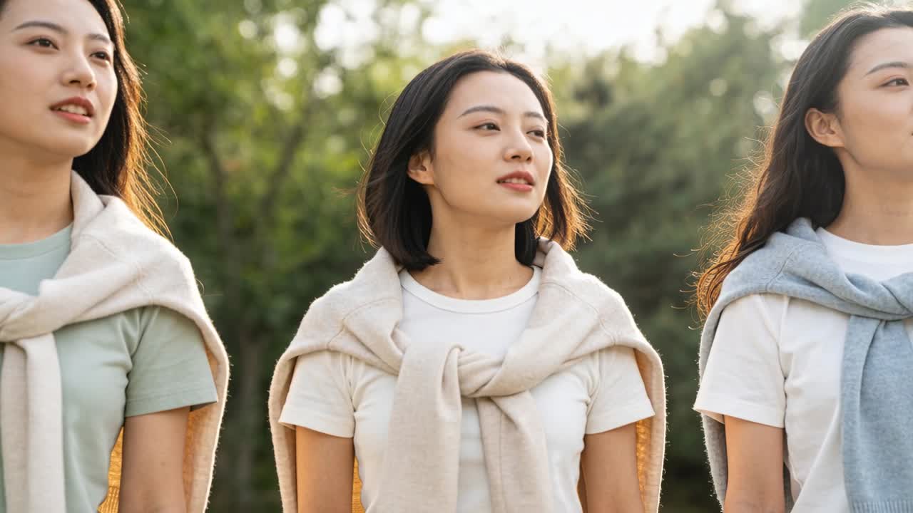 公園で、中央の女性が振り向き、視線を左に動かして微笑みながら、フレーム外の景色に目を向けている。セーターを肩に羽織っている。