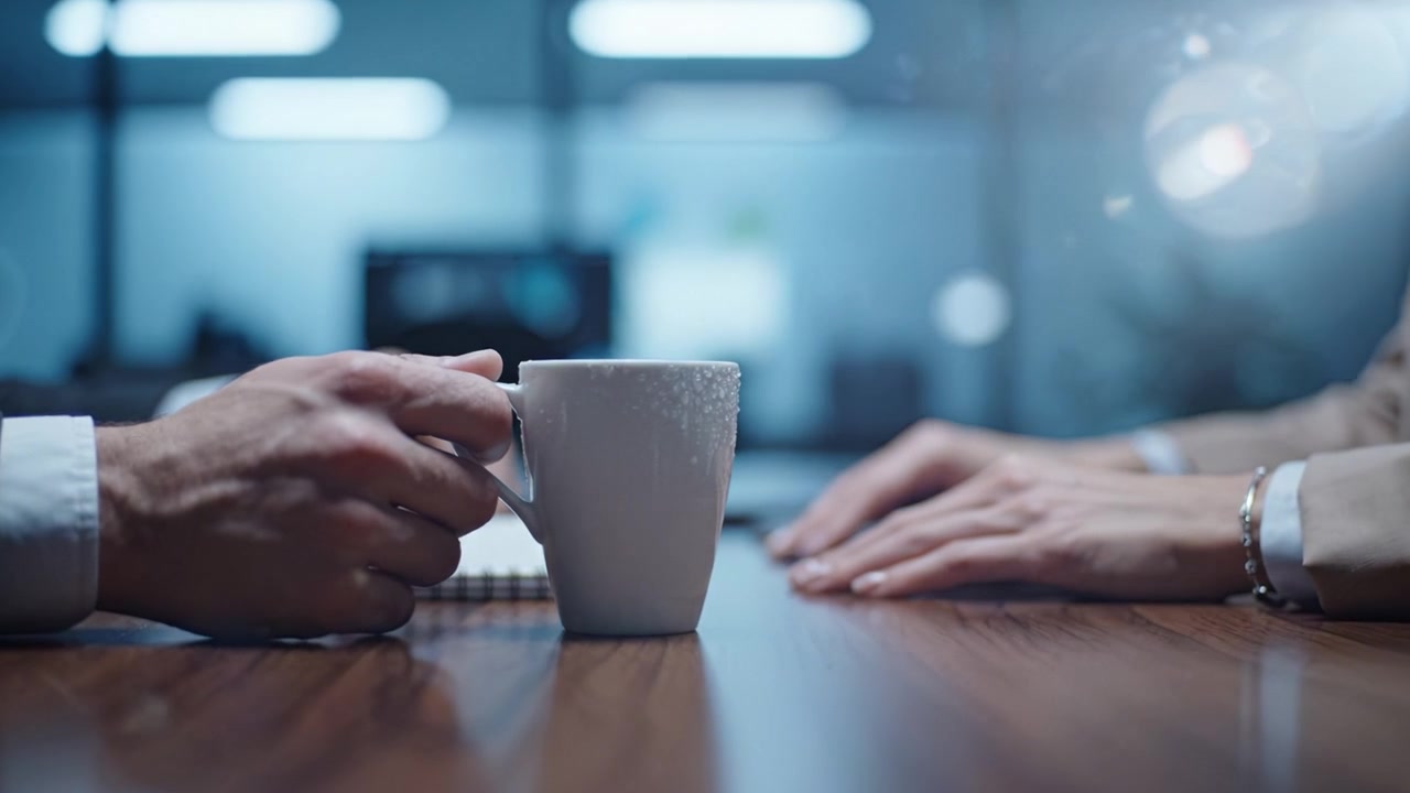 Duas pessoas conversando, centradas em uma xícara de café sobre uma mesa, em um ambiente de escritório moderno, enfatizando colaboração e conexão