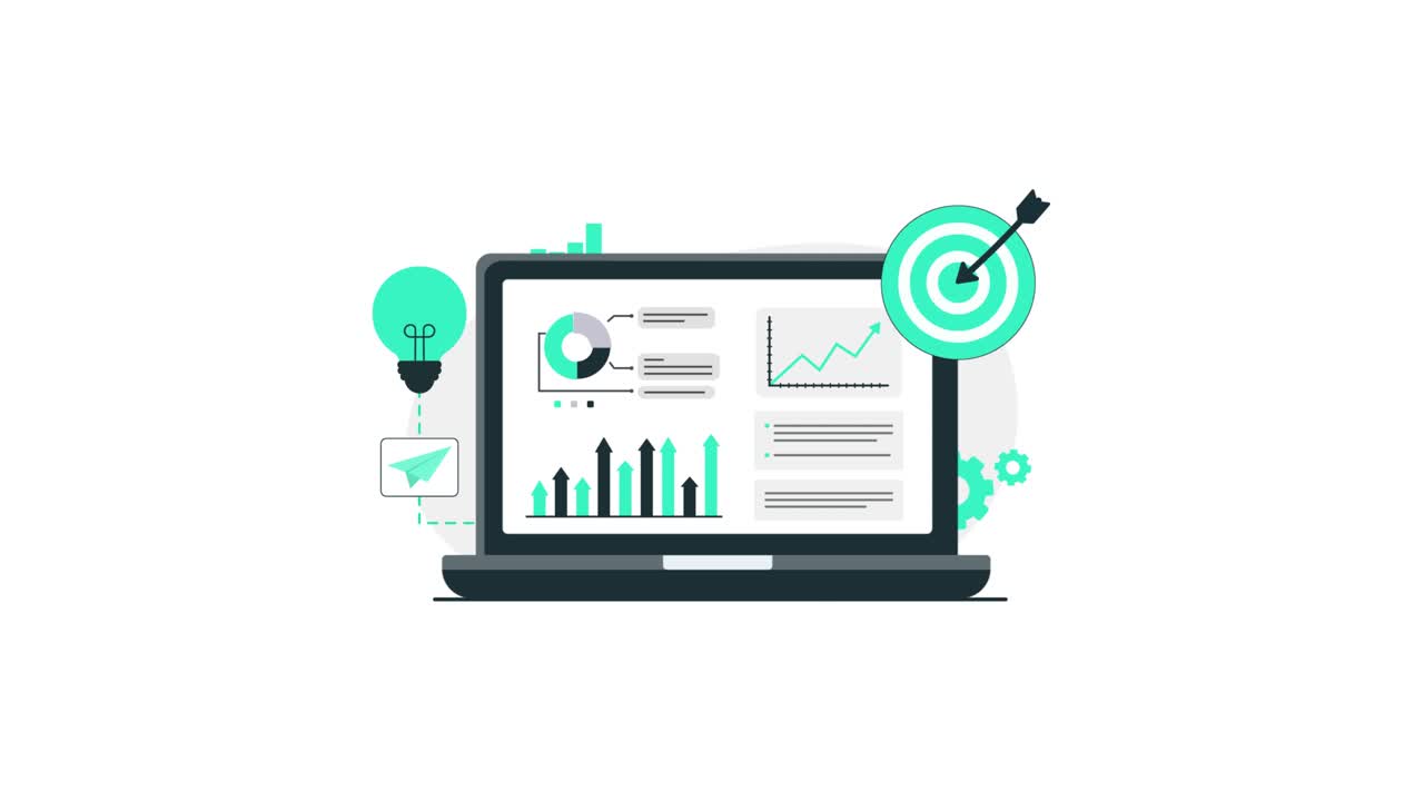 Animated Laptop Displaying Business Data and Growth Charts