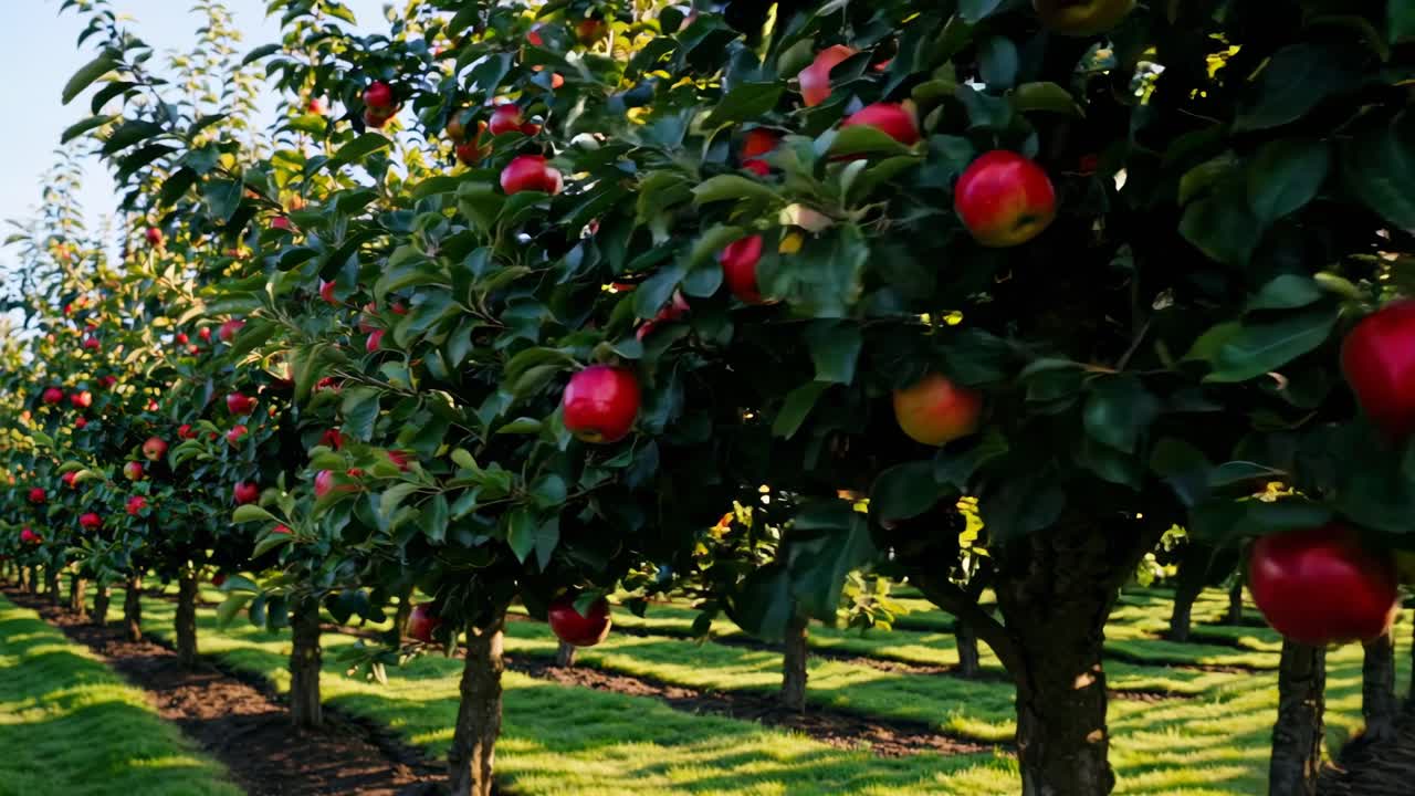 Un frutteto vivace con filari di meli, ripreso all'altezza degli occhi.